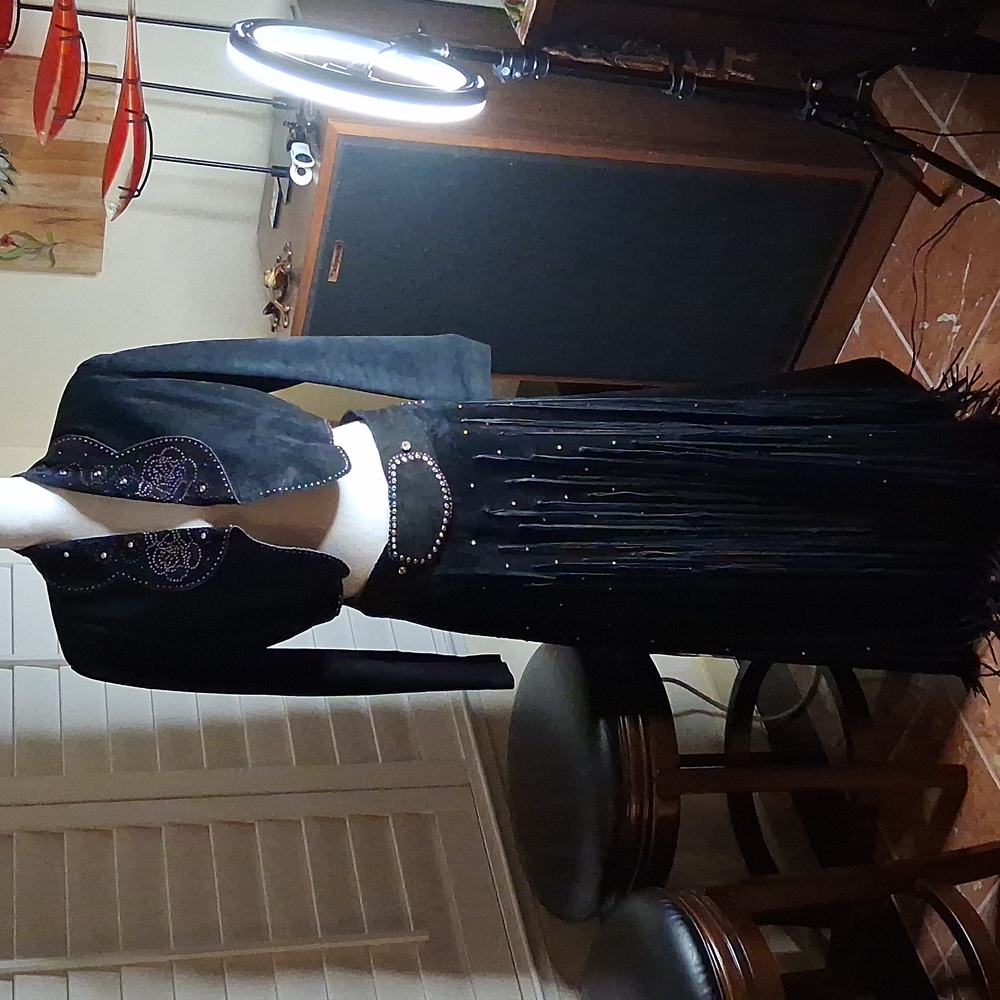 🖤🤠Augustina Vintage Western Blk Leather Jacket W/Wrap Around Fringe Skirt M-L - Picture 1 of 10